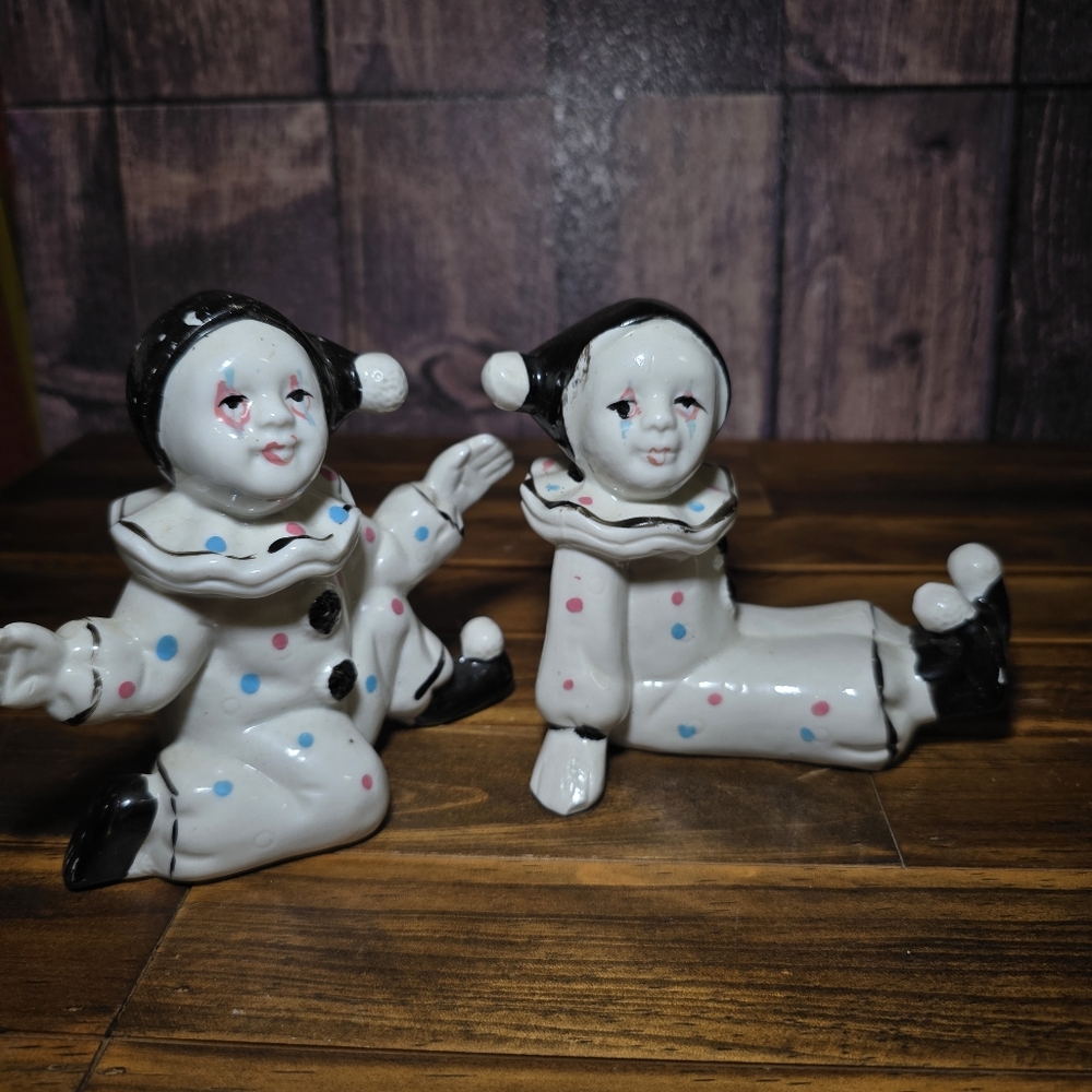 Vintage Pierrot Clown Figurines Set of 2 | Mid Century Japan Ceramic Harlequin